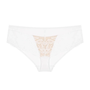 White low-rise lace panties for women featuring elegant floral embroidery and sheer mesh