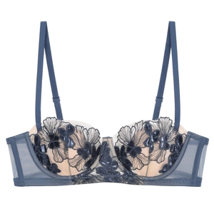 French style dark blue lace bra with floral embroidery and satin detailing on white background
