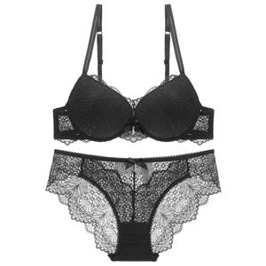 Sexy black floral lace lingerie set with push-up underwired bra and matching panty