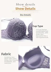 Detail of purple lace push-up bra featuring soft cotton lining and floral embroidery