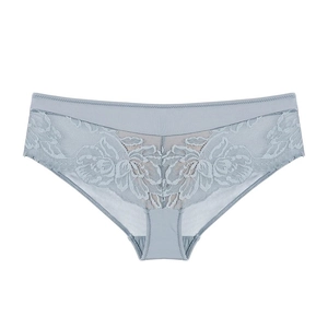 Elegant light blue lace panties for women featuring floral embroidery and breathable mesh