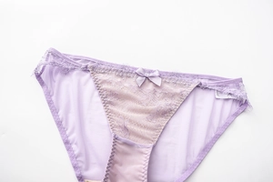 Detailed view of lavender eyelash lace panties with delicate floral mesh and a small bow