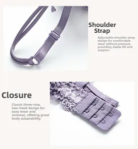 Detail of adjustable purple lace bra straps and a three-row hook and eye back closure