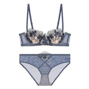 Navy blue lace lingerie set with floral embroidery and mesh details for a sexy look