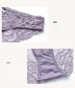 Detailed macro view of purple floral lace panties with a decorative bow and cotton lining
