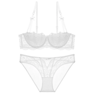 Elegant white floral lace lingerie set with half-cup push-up bra and matching panties