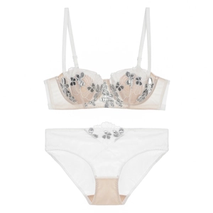 French style white lace lingerie set with floral embroidery and sequins accents