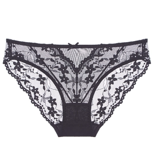Culotte sexy en dentelle noire pour femme avec mesh transparent et petit nœud délicat