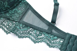 Dettaglio di lingerie in pizzo verde scuro con spalline regolabili e gancetti