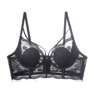 French black lace bra with thin straps and floral embroidery for lift and support