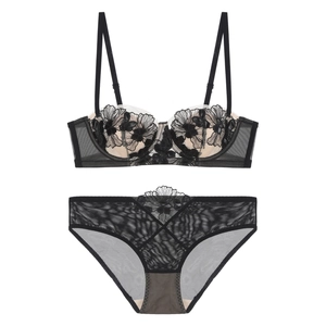 French style black lace lingerie set with floral embroidery and sheer mesh details