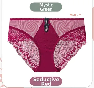 Detailed close-up of red floral lace underwear with bow accents and mesh patchwork