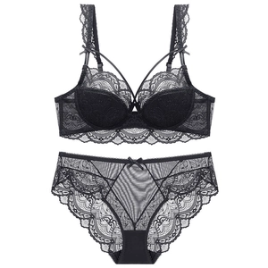 French style floral black lace lingerie set with V-neck bra and matching panties