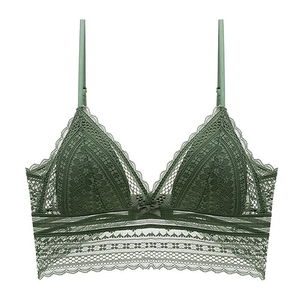 French style green lace bralette with wireless triangle cups and floral embroidery detail