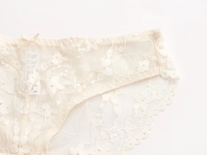Détail d'une culotte en dentelle florale beige avec petit nœud et texture de maille fine