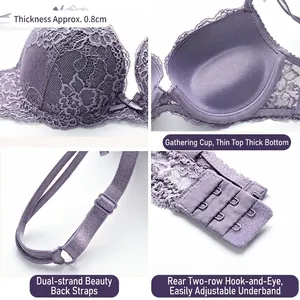Purple floral lace push-up bra with 0.8cm thick cups and double strap back design
