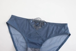 Detailed macro view of dark blue sheer mesh and floral lace embroidery on the panties