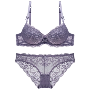 Lace push-up lingerie set in purple featuring floral mesh bra and matching panties