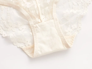 Gros plan sur la dentelle florale et la doublure en coton des culottes beiges