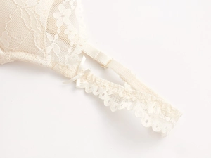 Détail de soutien-gorge en dentelle florale avec bords festonnés et petit nœud en satin