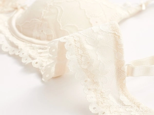 Vue macro détaillée de la dentelle florale blanc cassé délicate sur un soutien-gorge français