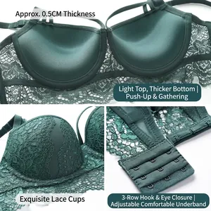 Soutien-gorge push-up sexy en dentelle vert foncé avec coussinets de 0,5cm et agrafage