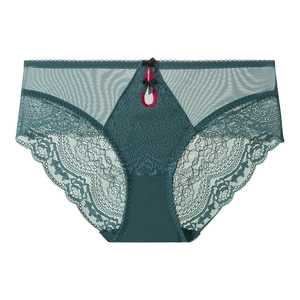 Deep green lace floral panties with mesh hollow design and black bows for women