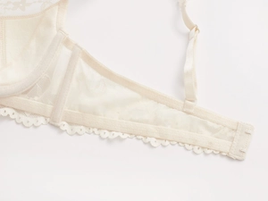 Gros plan d'un soutien-gorge en dentelle blanc crème avec bords festonnés et maille