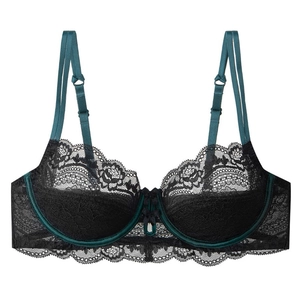 Soutien-gorge en dentelle française pour femmes en noir et vert émeraude brodé