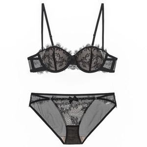 Sexy black French eyelash lace lingerie set with push-up underwired bra and sheer panties