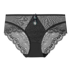 Elegant black lace panties for women with floral mesh and bow detail on a white background