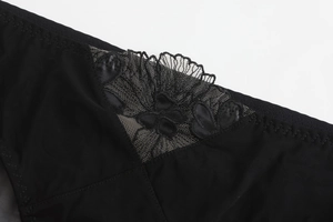 Detail of black lace panties showing intricate floral embroidery and breathable mesh fabric