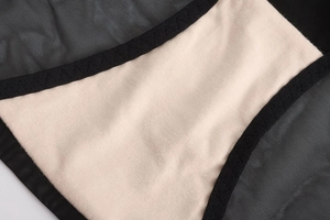 Close-up of fine black breathable mesh fabric and skin-friendly lining on lace lingerie