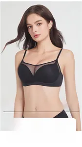 Detailed close-up of breathable mesh panel and wireless black seamless bra design