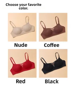 Seamless mesh bras shown in nude, coffee, red, and black with delicate thin straps