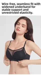 Close-up of black seamless wireless bra with mesh detail and wide supportive band