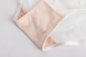 Detail view of cotton crotch lining and breathable mesh lace on women's briefs