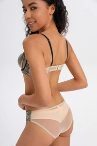 Detailed back view of black lace and mesh lingerie set with sheer embroidery details