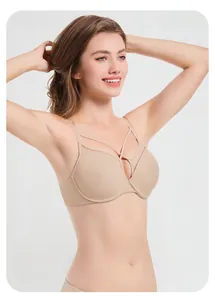 Detail of a beige seamless bra showing wave edges and decorative soft straps for comfort