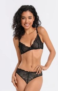 Detailed view of black sheer lace bra and panty set with intricate leaf embroidery details