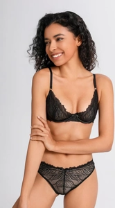 Close-up of black floral lace embroidery detail on unlined underwire bra for women