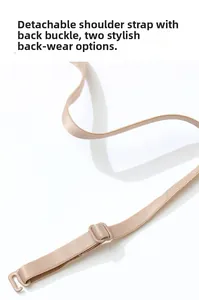 Detail of adjustable detachable satin bra strap in champagne gold with metal hooks