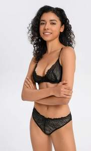 Detailed view of sheer black floral lace lingerie set with wired bra and matching panties