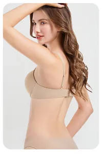 Detail view of seamless nude bra set with straight back design and thin shoulder straps