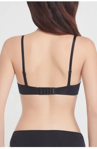 Back view of seamless black French style bra with thin straps and four-row hook closure