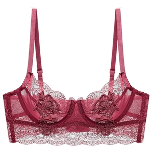 Burgundy lace bra with floral embroidery and eyelash lace trim for a sensual look