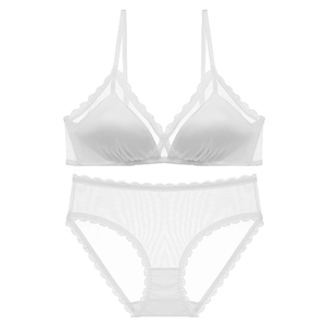 French style white lace lingerie set with triangle cups and sheer mesh details