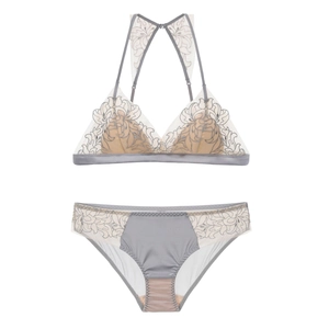 Dettagli di ricamo grigio e tessuto a rete su set reggiseno a triangolo senza ferretto