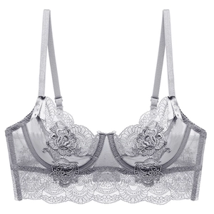 Grey sheer lace bra with floral embroidery and supportive scalloped underband