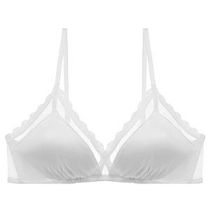 Detailed macro view of white lace trim and satin fabric on wireless triangle bralette